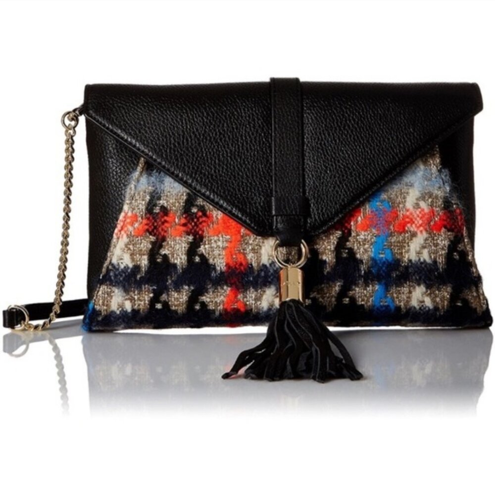 Milly Astor Pied De Poule Tweed Leather Clutch Shoulder Bag